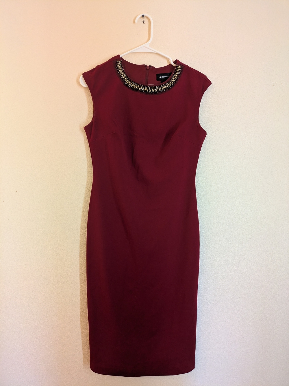 Liz Claiborne Sleeveless Burgundy Sheath with Beaded Neckline